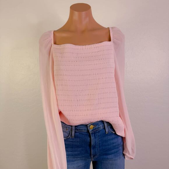 Halogen Square Neck Cottagecore Smocked Sheer Puff Long Sleeve Blouse Pink XXL - Picture 1 of 11